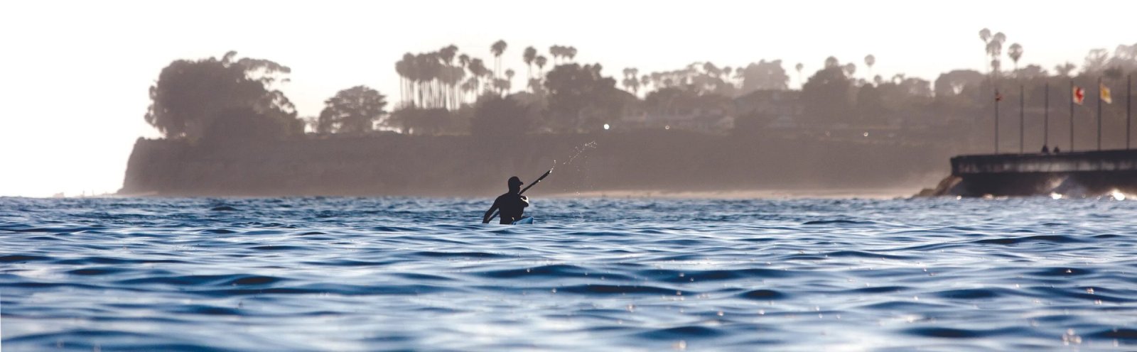 A lone paddler on the ocean off Santa Barbara with the palm-lined shore behind